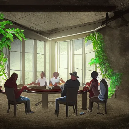 Image similar to A group of people playing poker at a poker table in the middle of an abandoned building, big room, with vines and plants growing out of cracks, broken walls and ceiling with natural light shining through, the light shows dust in the air, digital art, award winning art, 8k