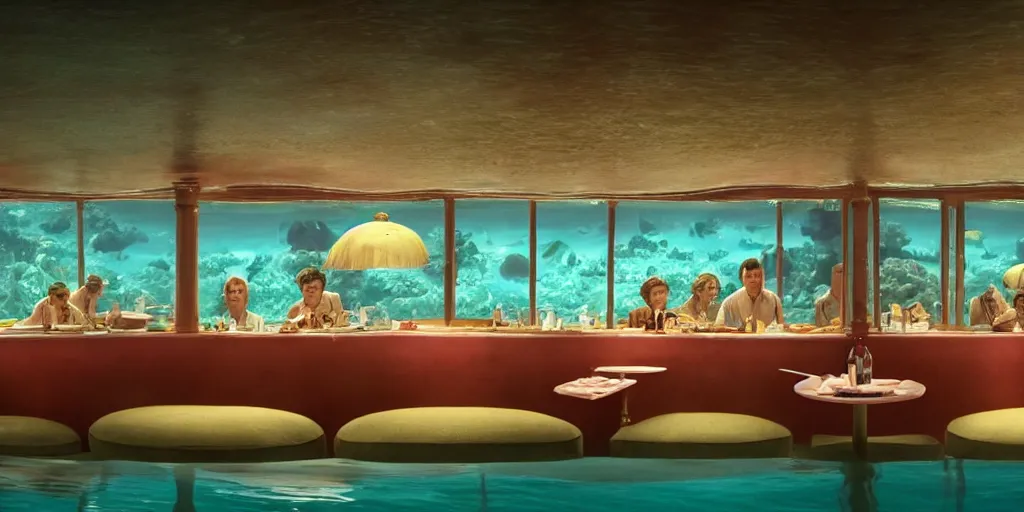 Image similar to a very high resolution image from a new movie, inside the restaurant under the sea, front view, upside - down, shining, photorealistic, photography, directed by wes anderson