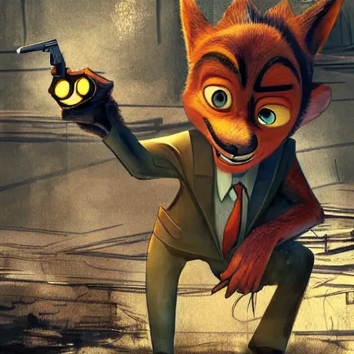 Image similar to concept art of nick wilde as max payne in max payne 3 set in gritty neo - noir zootopia, favela level