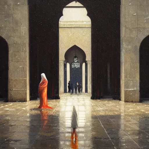 Image similar to detailed face of a woman, moment, courtyard, capital, cyberpunk mosque interior, control panel, watcher, omniscient, tech noir, wet reflections, impressionism, atmospheric, ambient, speed painting, livia prima, greg rutkowski, edward hopper