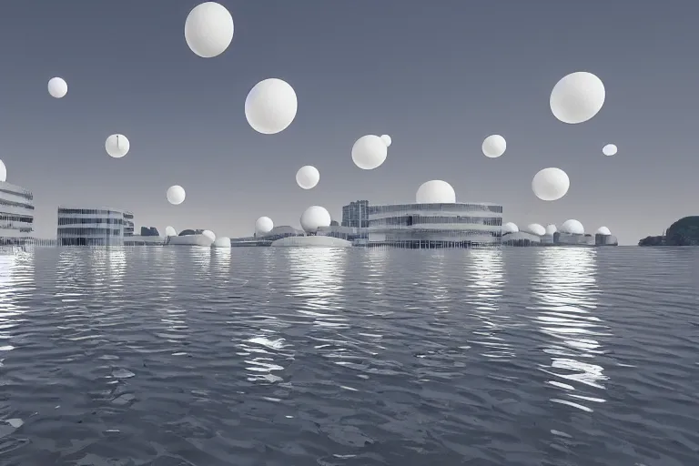 Image similar to many white round spherical buildings are crowded and combined to form a building on the calm lake, by pierre bernard, on the calm lake, people's perspective, future, interior wood, dusk, unreal engine highly rendered, global illumination, radial light, internal environment