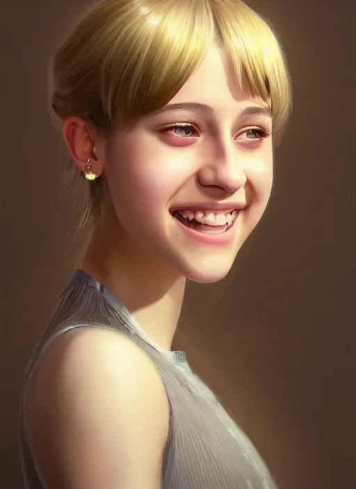 Image similar to portrait of teenage lili reinhart with bangs, smiling kindly, bangs, 1 9 6 0 s, ponytail, bangs and ponytail, intricate, elegant, glowing lights, highly detailed, digital painting, artstation, concept art, smooth, sharp focus, illustration, art by wlop, mars ravelo and greg rutkowski