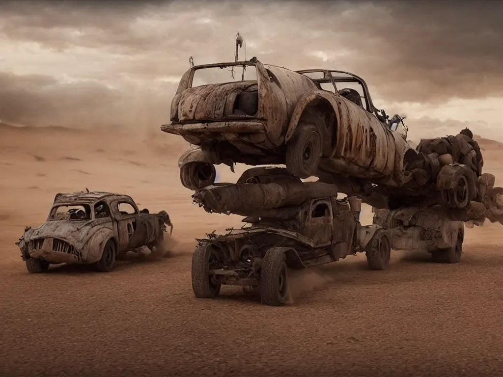 Prompt: popemobile as a car in mad max: fury road (2016) photorealistic 8k promotional photo shot