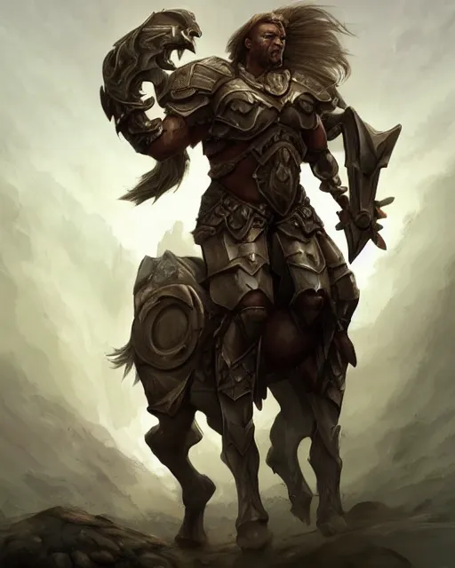 Image similar to Centaur Centaur Centaur Centaur :: Paladin, fearsome, beautiful, DnD character art portrait, male centaur centaur chimera, plate armor, matte fantasy painting, DeviantArt Artstation, by Jason Felix by Steve Argyle by Tyler Jacobson by Peter Mohrbacher, cinematic lighting.