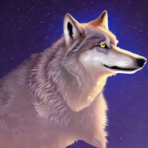 Image similar to close up portrait of a howling wolf in front of the full big moon, fantasy digital art, high definition, 8k, high details, high quality, golden and silver colors, glowing lights in the background