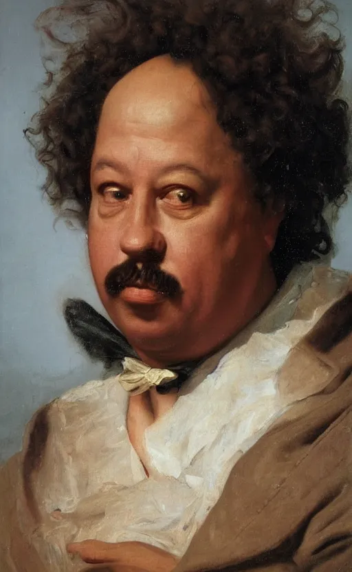 Image similar to Portrait of Alexandre Dumas, oil on canvas, highly detailed, by Kramskoy, 8k