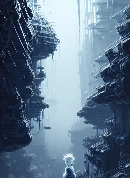 Image similar to highly detailed portrait of a frostpunk long curly white hair tribal lady, stray wiring by atey ghailan, james gilleard, by joe fenton, by greg rutkowski, by greg tocchini, by kaethe butcher, 4 k resolution, gradient blue, black and white color scheme!!! ( ( glaciated robotic dystopian city background ) )