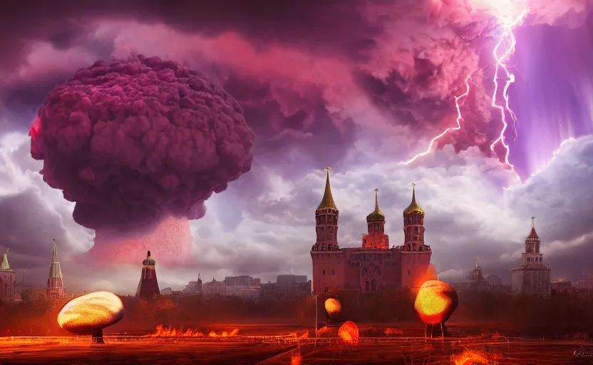 Prompt: ultra realistic picture of a big nuclear explosion with realistic nuclear mushroom in Red Square Kremlin, volumetric lighting, clouds and lightnings, cinematic, extremely high detail, photo realistic, cinematic lighting, post processed, artstation, matte painting, unreal engine 5, 8k