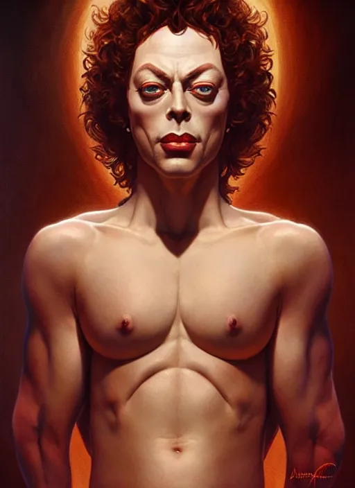 Image similar to perfectly detailed tim curry legend!! blessed by nature with ever - increasing physical mental perfection, symmetrical! intricate, sensual features, highly detailed, biblical divine holy perfection!! digital painting, artstation, concept art, smooth, sharp focus, illustration, art by artgerm and greg rutkowski and alphonse mucha