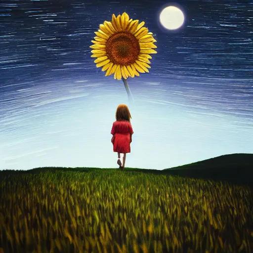 Image similar to giant daisy flower as a head, girl walking in wheat field, hills, surreal photography, moon light, dark night, star trails, dramatic light, impressionist painting, clouds, digital painting, artstation, simon stalenhag