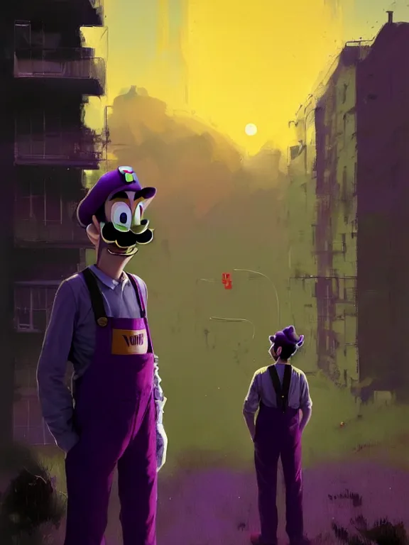 Image similar to A movie still portrait of Waluigi outside wearing purple suspenders staring out the window while Mario delivers his food on a tray while wearing a Red suspenders outfit. Sunlight from the morning foreground sky by ismail inceoglu, craig mullins, can basdogan, frank frazetta, mike franchina, ariel perez, bar tosz domiczek, iain mccaig, Breath of the wild, studio ghibli