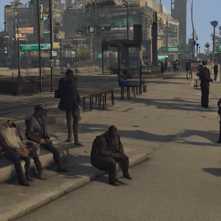 Prompt: some people waiting in a lone bus stop in qiet dark city, by GTA5 in game