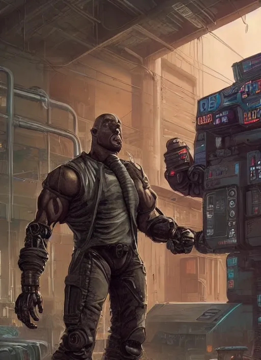 Image similar to Tough Gregory. Buff cyberpunk meathead wrestling a small robot. Realistic Proportions. Epic painting by James Gurney and Laurie Greasley. Moody Industrial setting. ArtstationHQ. Creative character design for cyberpunk 2077.