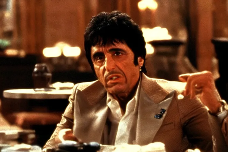 Image similar to tony montana from movie scarface 1 9 8 3 sitting behind a big black oak table with big large packages of flour. al pacino. perfect symmetric face, coherent eyes, close up, fine details, 4 k, ron cobb. last scene from scarface movie