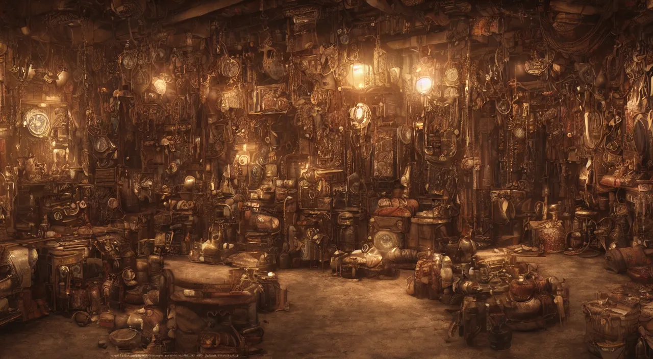 interior of a traditional gypsy carave, steampunk