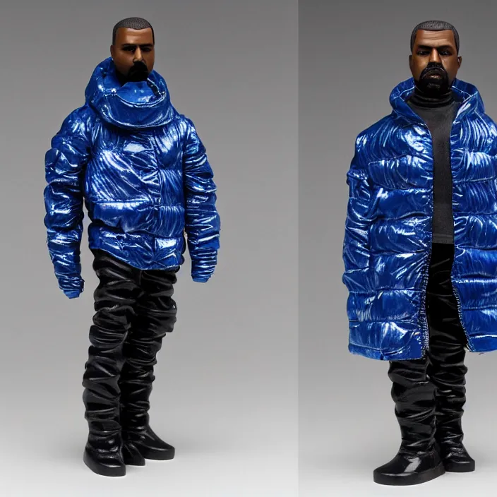Image similar to a goodsmile figure of kanye west using full face - covering mask with small holes. a small, tight, undersized reflective bright blue round puffer jacket made of nylon. a shirt underneath. black jeans pants made of nylon. a pair of big rubber boots, figurine, detailed product photo, professional photo, full body and face, studio lighting, studio photo