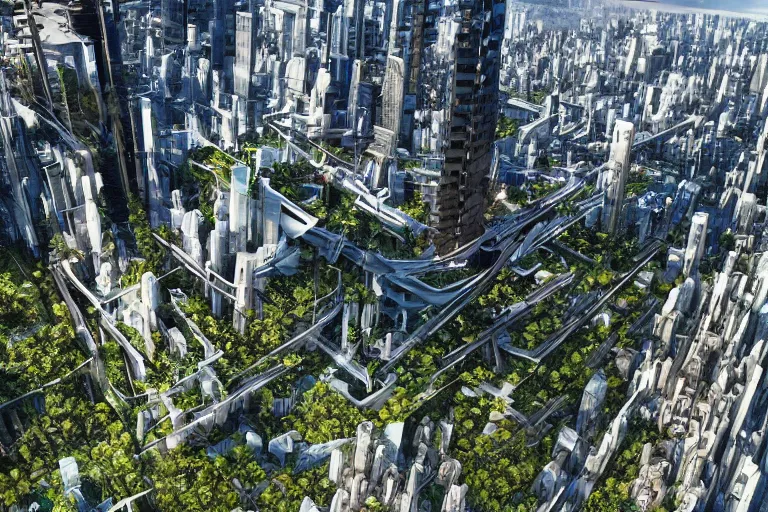 Image similar to birds eye view of a gigantic drift wood monster looming over a bright and lush futuristic city, video footage