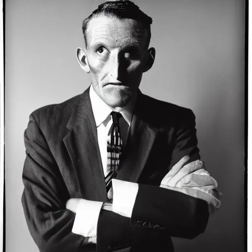 Image similar to black and white photograph irradiated man wearing a 1950s business suit portrait dramatic lighting by Walker Evans