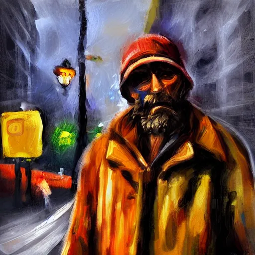 Prompt: homeless man streaming, expressive oil painting, digital art, matte art