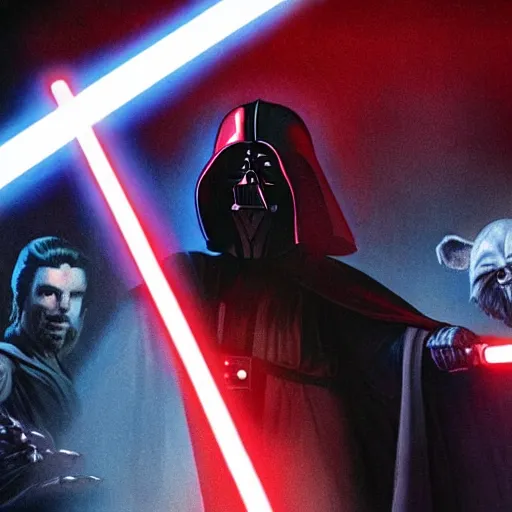 Prompt: morbius holding a light saber, darth vader holding a lightsaber, star wars, unreal engine, hyper realistic, comic book