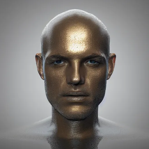 Image similar to 3 d render melted jhonatan tuld head, sculpture, chrometype, liquid metal, neotribal, raytraced, volumetric lightning, 8 k by wlop, innate studio h - 1 0 0 0 w - 1 0 0 0