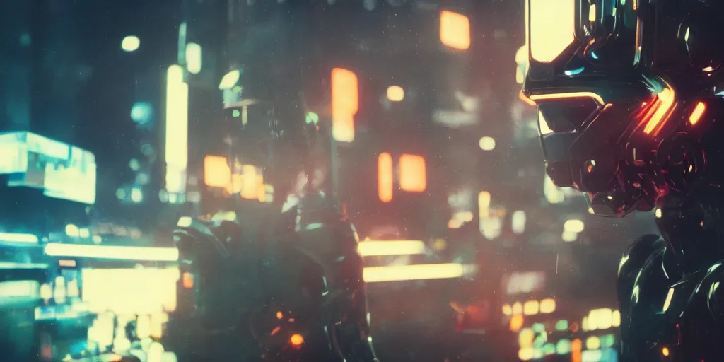 Image similar to Cyberpunk android chrome Robot dramatic movie scene with dynamic movement and motion blur and bokeh, shot on imax, cinematic scene, cinematographic composition, CineStill 800T Film