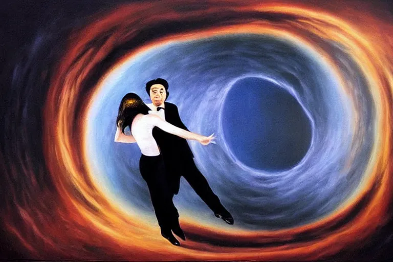 Image similar to optical illusion painting of a couple dancing in a black hole, illusionism, look twice, mind blow, by leandro erlich and salvador dali, detailed