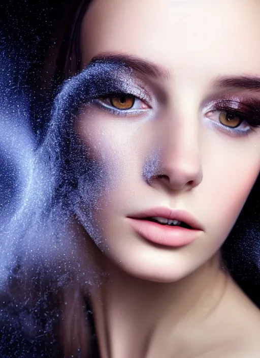 Prompt: a young Russian woman with brunette looking at the camera while in a swirling alternate reality. close-up of face with smokey eyeshadow. soft detailed painting at 16K resolution and amazingly epic visuals. epically beautiful image. amazing effect, image looks gorgeously crisp as far as it's visual fidelity goes, absolutely outstanding. vivid clarity. ultra detail. iridescent. mind-breaking. mega-beautiful pencil shadowing. beautiful face. Ultra High Definition. soft shading. soft texture. intensely beautiful.