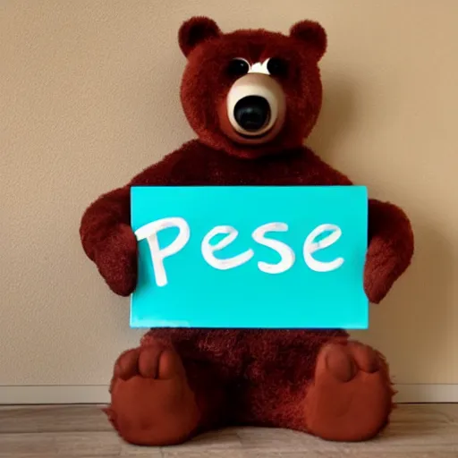 Image similar to a bear holding a'please'sign, in the style of pixar