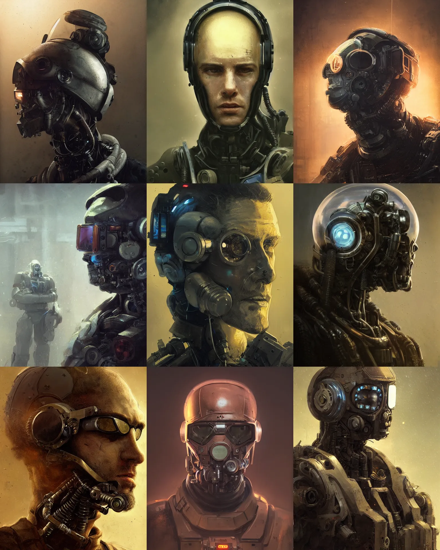 Image similar to a rugged research engineer man with cybernetic enhancements, detailed optics mask, scifi character portrait by greg rutkowski, esuthio, craig mullins, 1 / 4 headshot, cinematic lighting, dystopian scifi gear, gloomy, profile picture, mechanical, half robot, implants, steampunk, warm colors