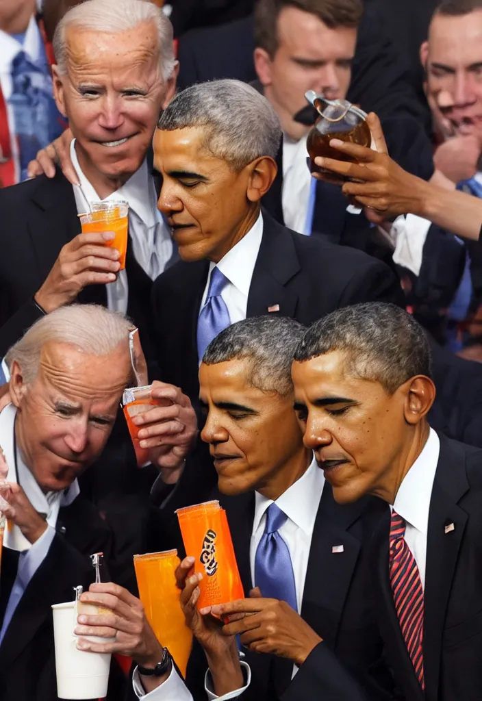 Image similar to An award winning image of Barack Obama drinking Fanta soda in front of Joe Biden