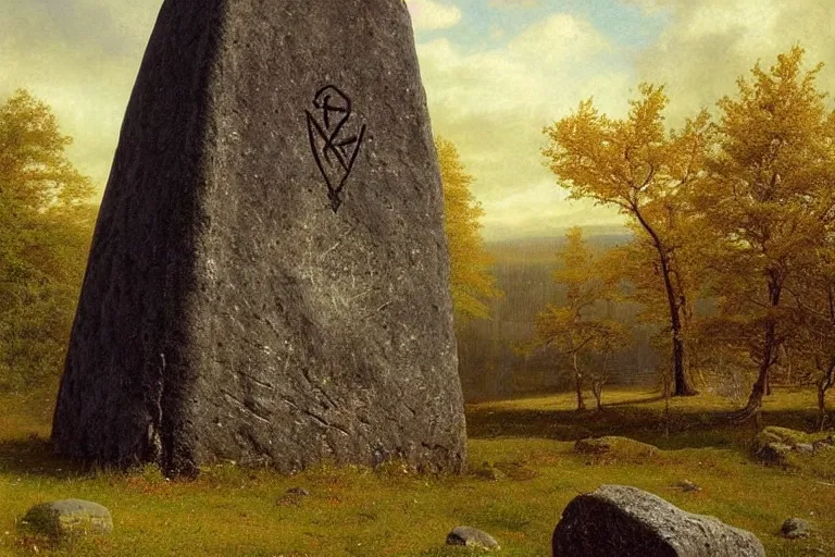 Image similar to runestone, runic inscription, megalithic, monument, nature, trees, focused, centered, very detailed, norse, history, oil painting, Albert Bierstadt