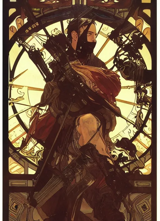 Image similar to keanu reeves in the slumps holding crossbow brown skin golden hair brown leather armor high fantasy dnd smooth sharp focus illustration by rossdraws, alphonse mucha frank fanzzeta