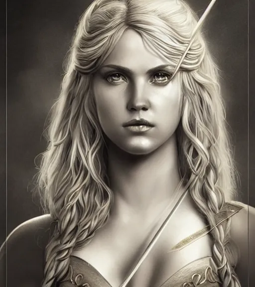 Image similar to portrait of beautiful aphrodite goddess as an archer warrior, arrow, beautiful piercing eyes, flowing blonde hair, realistic face, black and white drawing, in the style of greg rutkowski, fantasy, amazing detail, epic, intricate, elegant, smooth, sharp focus