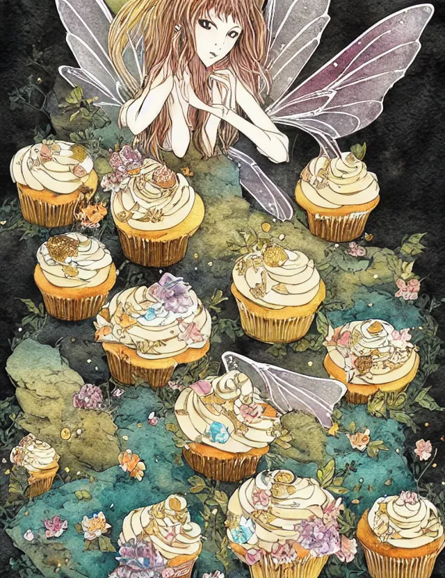 Image similar to faerie spirit of cupcakes, lost in the mountains. this watercolor and gold leaf work by the award - winning mangaka has a beautiful composition and intricate details.