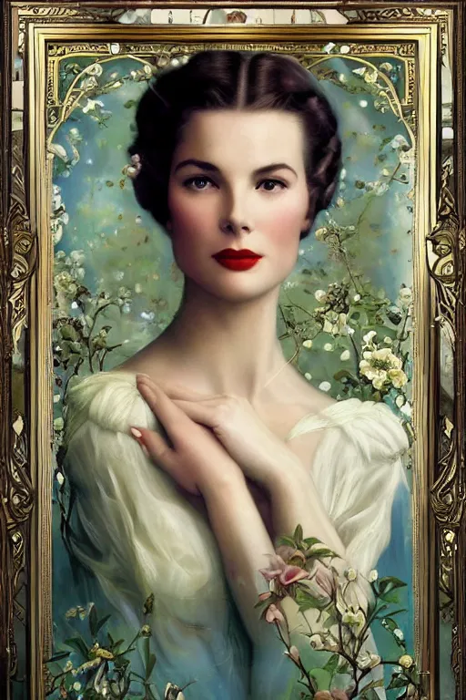 Image similar to A young and extremely beautiful Grace Kelly explaining the birds and the bees by Tom Bagshaw in the style of a modern Gaston Bussière, art nouveau, art deco, surrealism. Extremely lush detail. Perfect composition and lighting. Profoundly surreal. Lush surrealistic photorealism. Sultry expression on her face.