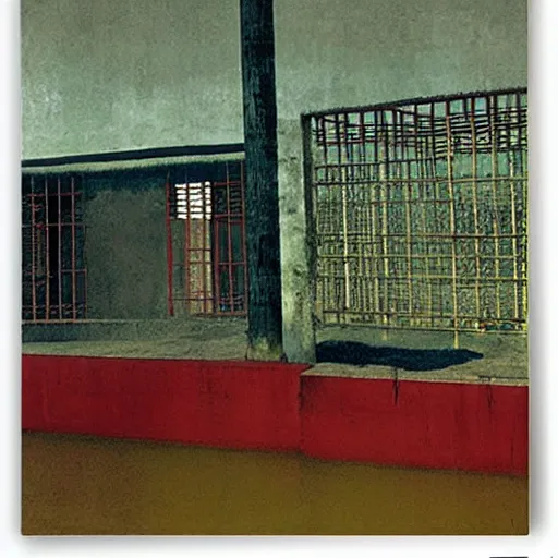 Image similar to a chinese prison near a river by peter doig, muted colors