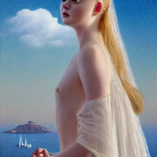 Image similar to Elle Fanning in Santorini, head and shoulders portrait, extremely detailed masterpiece, Roger Deakin’s cinematography, illustration, by Michael Sowa,