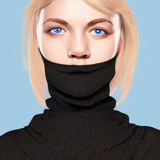 Image similar to High-Quality photorealistic portrait of a young thin girl, blue eyes, blonde hair, wearing a black turtle neck, face center close-up, realistic colors