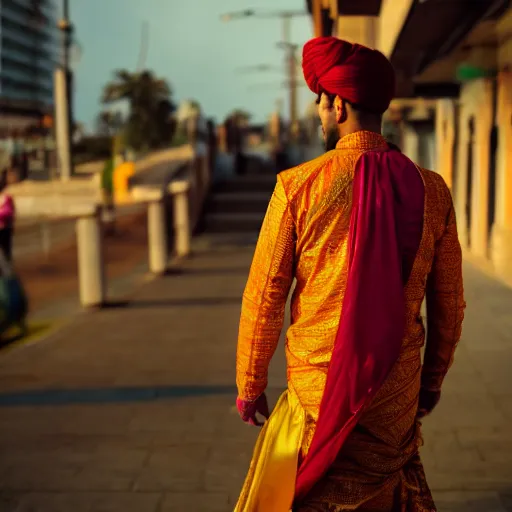 Image similar to a dramatic photograph of a person wearing traditional indian clothes, person wearing indian traditional clothes walking in a modern city, cinematic lighting