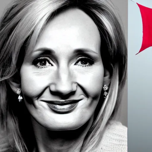 Prompt: Portrait till photograph of JK Rowling smiling in front of the transgender flag, detailed, textured, medium shot, mid-shot, trending on Artstation