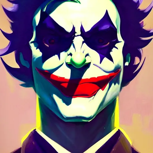 Image similar to Greg Manchess portrait painting of Joker as Overwatch character, medium shot, asymmetrical, profile picture, Organic Painting, sunny day, Matte Painting, bold shapes, hard edges, street art, trending on artstation, by Huang Guangjian and Gil Elvgren and Sachin Teng