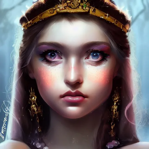 Prompt: ilyana vyulnika as a young princess in the dark, shiny eyes, lipgloss, portrait, closeup, cute freckles, dramatic soft lighting, gloss effects, and exaggerated proportions, digital art by julia razumova and mel milton, trending on artstation, 4 k high quality
