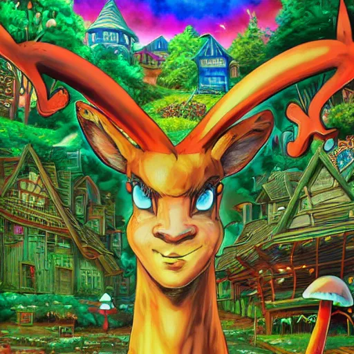 Image similar to anime 4 k headshot portrait of a psychedelic demonic anthropomorphic deer with mushroom themed clothes, magic mushroom village in background by jeff easley, award winning, stylized neon, post - processing, masterpiece, superb resolution. in the art style of junji ito and greg rutkowski. detailed mushroom city in background. hyper realistic anime. perfect art. dalle 2