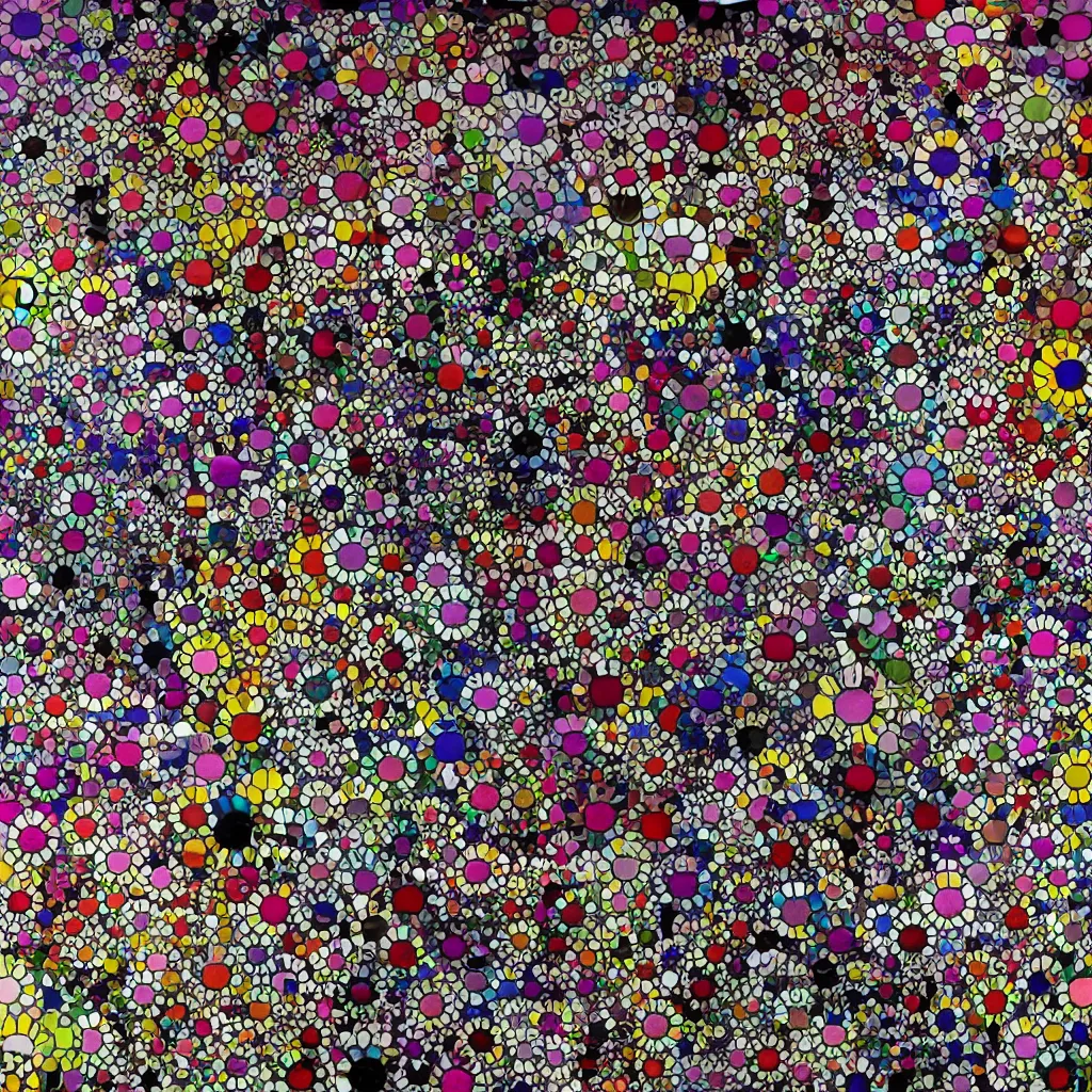 Image similar to camouflage made of flowers, style of takashi murakami, abstract, rei kawakubo artwork, cryptic, stipple, lines, splotch, color tearing, pitch bending, color splotches, dark, ominous, eerie, minimal, points, technical, old painting