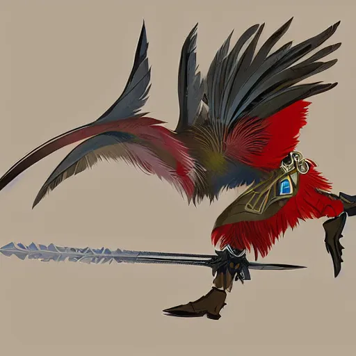 Image similar to avian leader in a army combat uniform created entirely of feathers holding a rapier with a bright red beak medieval theme rito breath of the wild, concept art, artistic