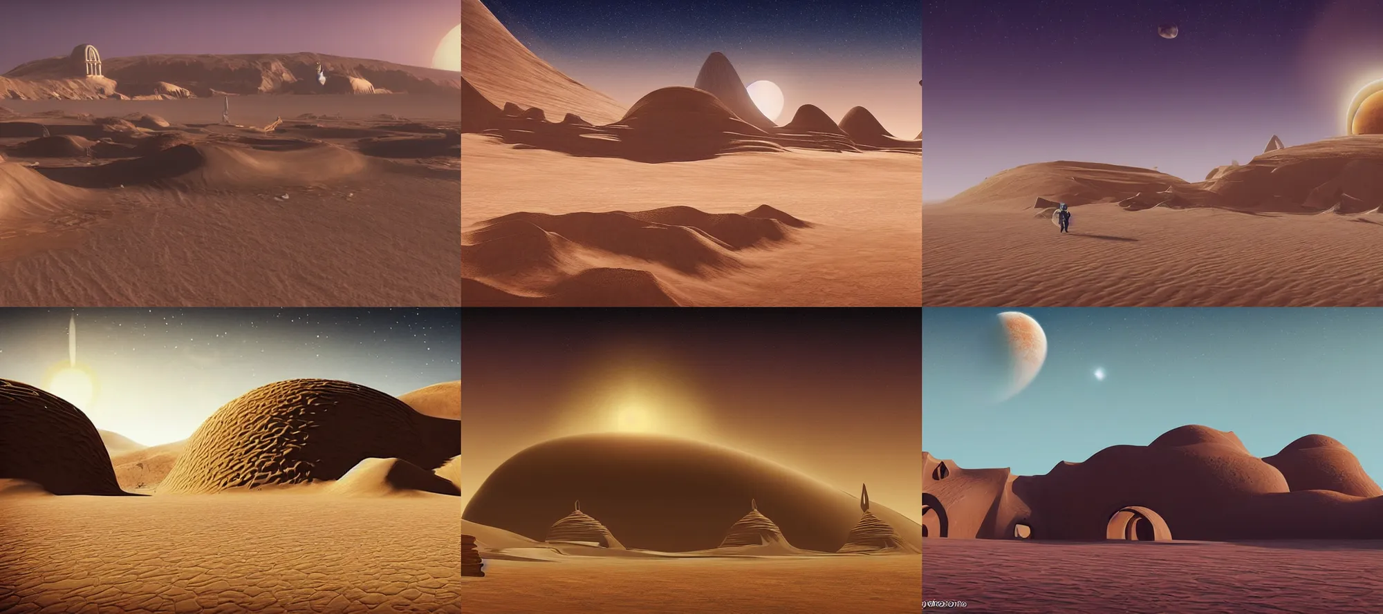 Prompt: beautiful palace on a desert planet, crescent planets in the background, dune architecture, realistic concept art