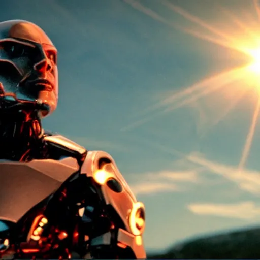 Image similar to movie still of cyborg looking at the sun, cinematic composition, cinematic light, criterion collection, by edgar wright