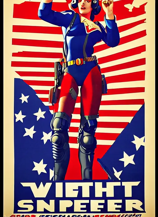 Image similar to patriotic american propaganda poster. cyberpunk female supersoldier. portrait by jean giraud and anton otto fischer and john philip falter and will eisner and gil elvgren and pixar. realistic proportions. character art. science fiction d & d. tf 2, overwatch, rb 6 s, cyberpunk 2 0 7 7, blade runner 2 0 4 9.