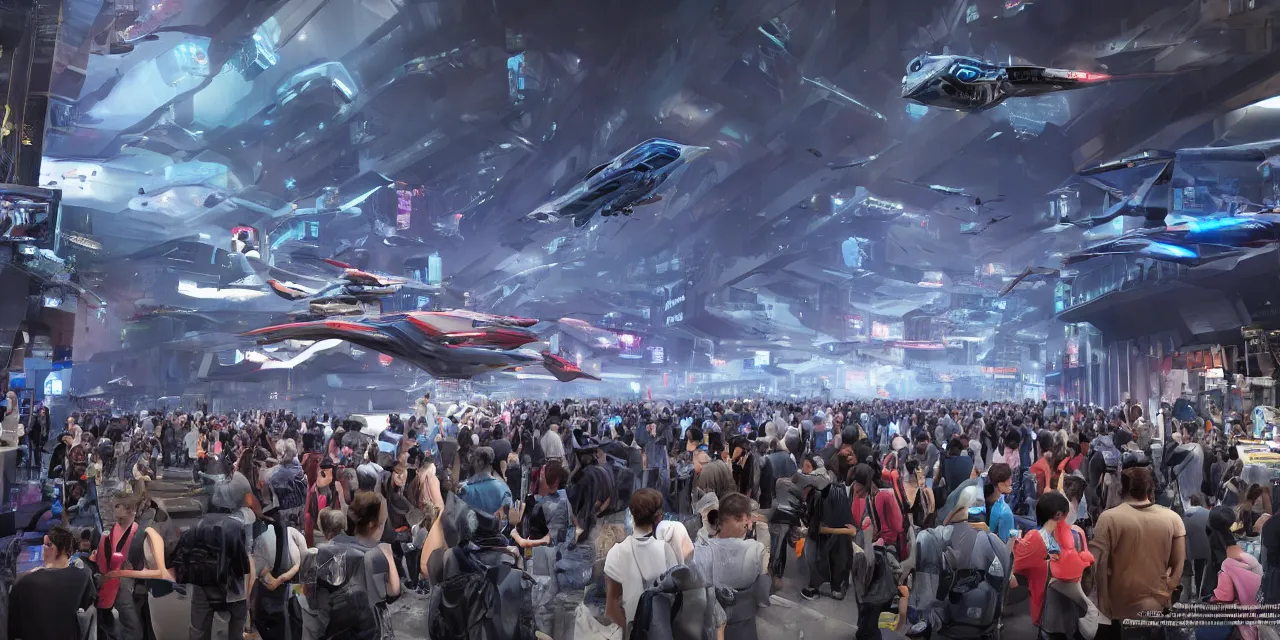 Image similar to cyberpunk exhibition full of hundreds of different hovercars, crowd watching and walking around exhibition site, enthusiastic spectators watching the race of flying vehicles in background, in the year 3 0 0 0, very high details, volumetric fog, raytracing, back light, raymarching, by ilm, by digital domain, by weta digital